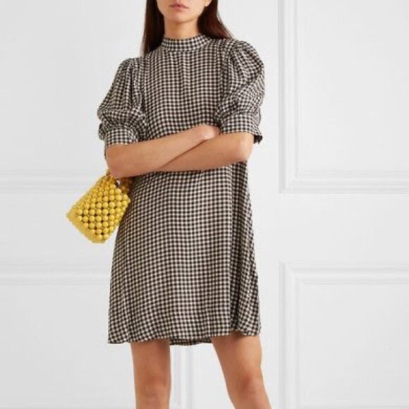 GANNI Gingham Crepe Mini Dress Mock Neck Black White EU Size 38 US Size 6 EUC - Picture 1 of 14